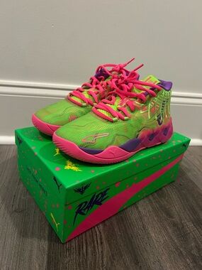 Puma Lamelos Kids Neon Green & Hot Pink Athletic Sneakers with Purple Accents